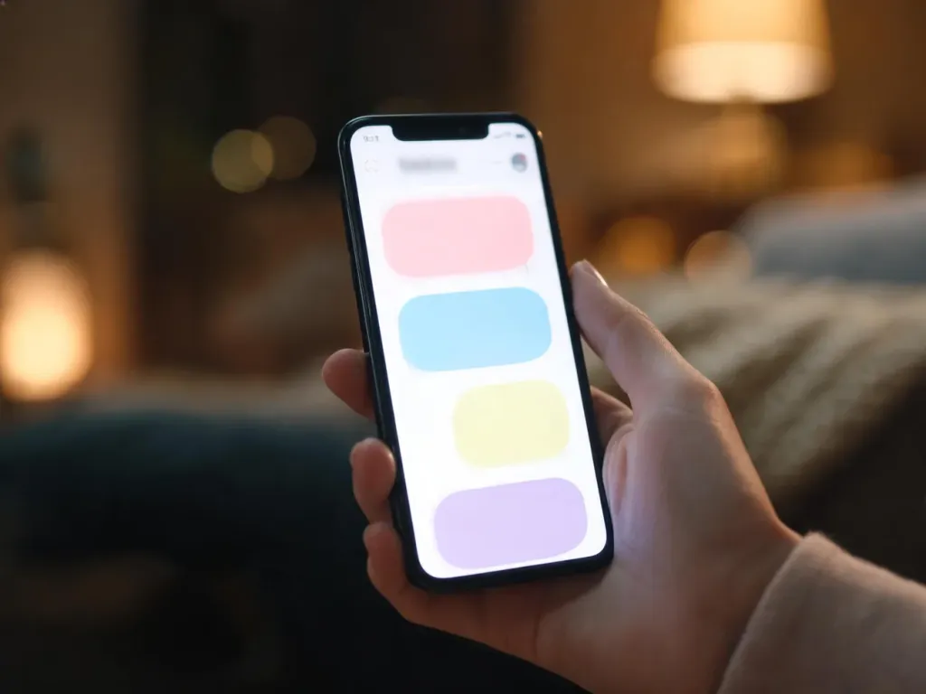 Smartfon w dłoni z przewijanym, kolorowym feedem, symbolizujący wciągające algorytmy TikToka i Instagrama.