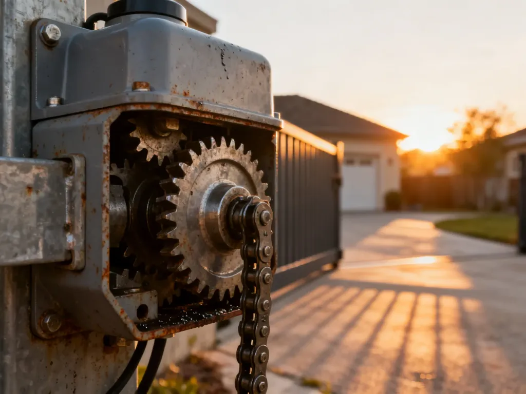 Zbliżenie na metalowe koła zębate i łańcuch napędowy mechanizmu bramy automatycznej z widocznymi śladami eksploatacji.