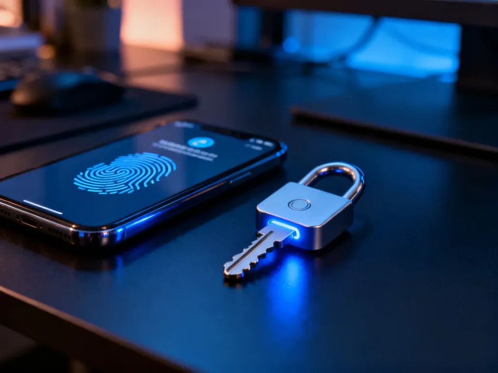 Klucz bezpieczeństwa i smartfon z ikoną biometrii na biurku, ilustrujące nowoczesne metody uwierzytelniania dwuskładnikowego.