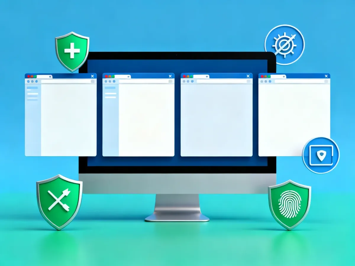 Four privacy-focused browser windows with digital security symbols