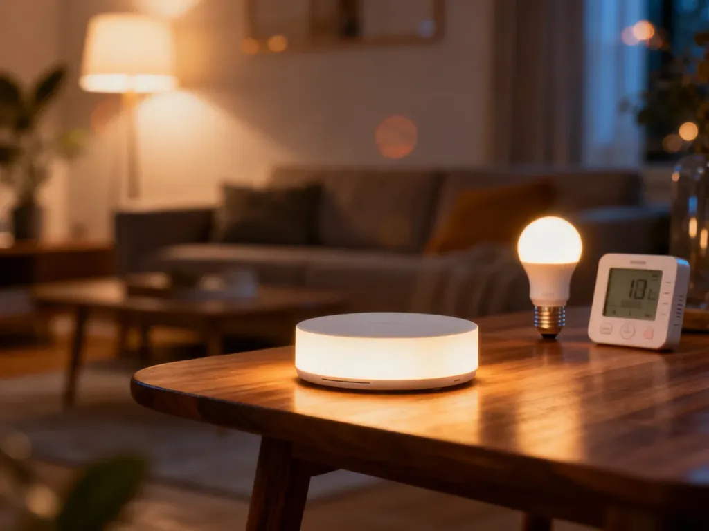 Minimalistyczny hub smart home na drewnianym stole w nowoczesnym salonie, symbolizujący centralne zarządzanie systemem Matter.