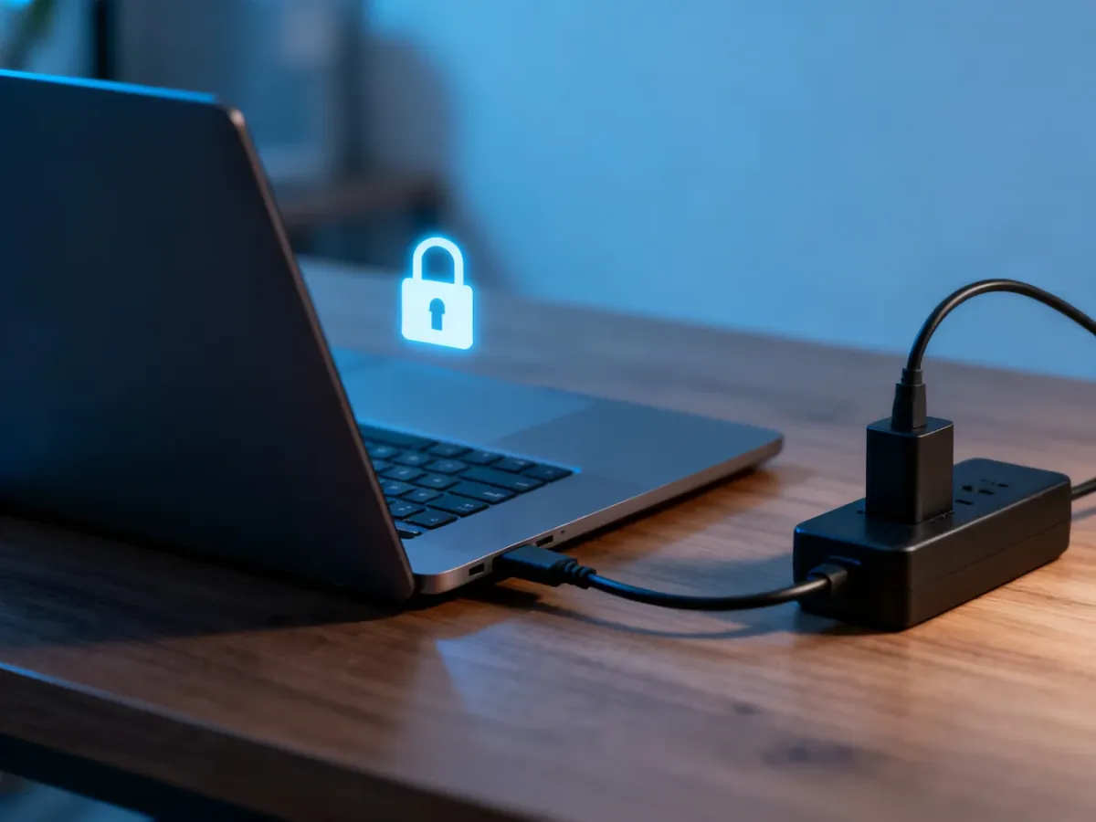 Laptop podłączony do zasilania podczas szyfrowania dysku