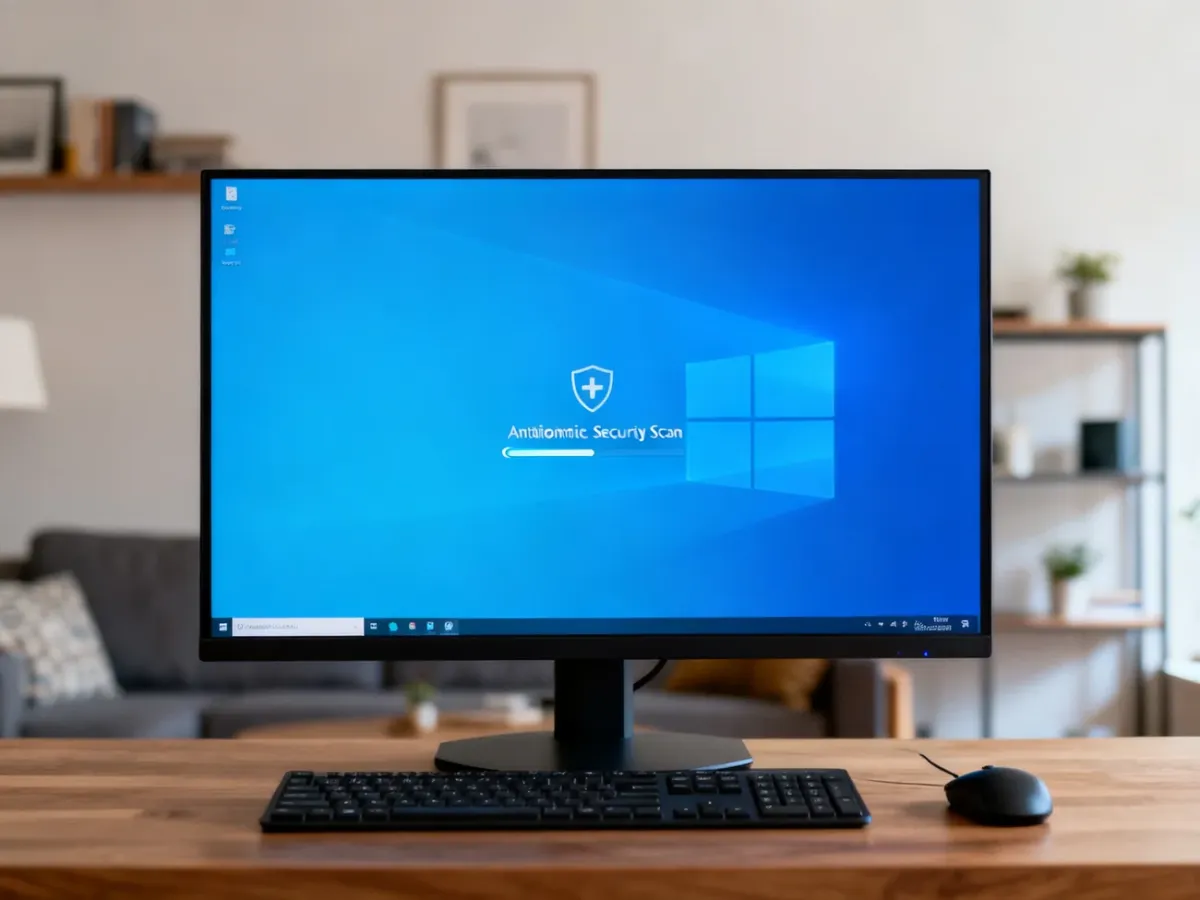 Komputer z uruchomionym skanowaniem antywirusowym w Windows Security