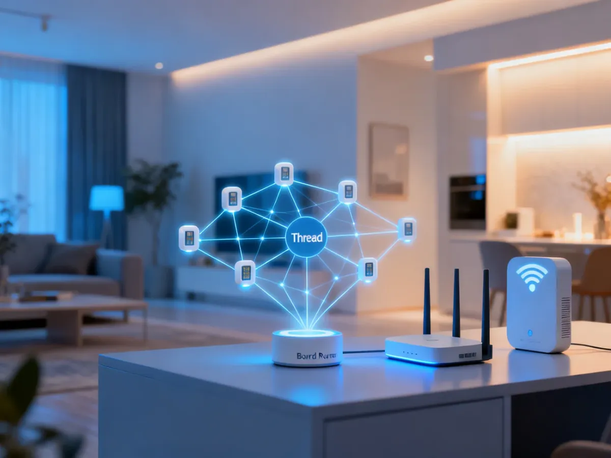 Schemat sieci Thread mesh połączonej przez router graniczny z domową siecią Wi-Fi