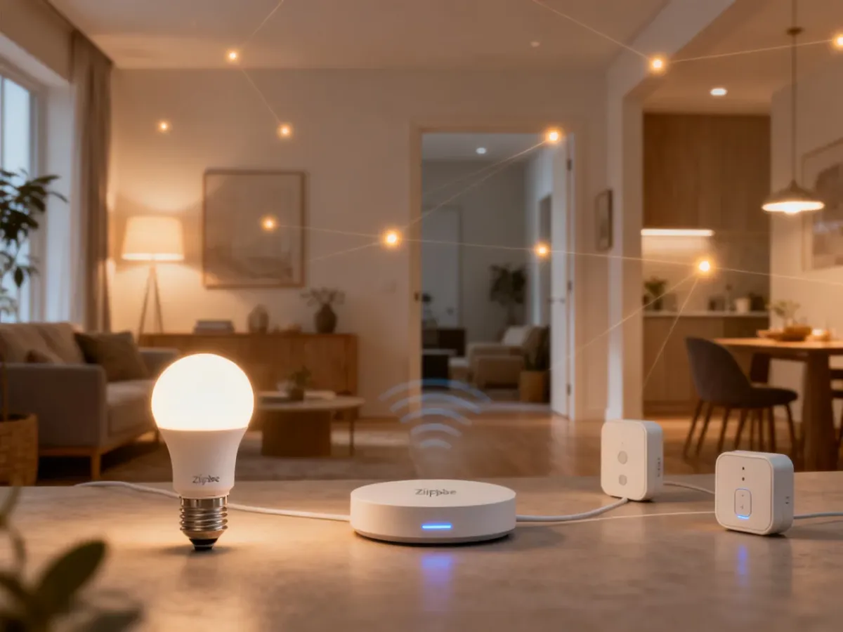Domowa sieć mesh Zigbee łącząca inteligentne żarówki i czujniki