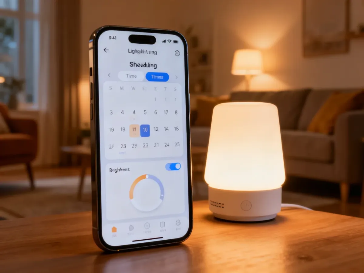 Smartphone with a weekly lighting schedule beside a glowing lamp