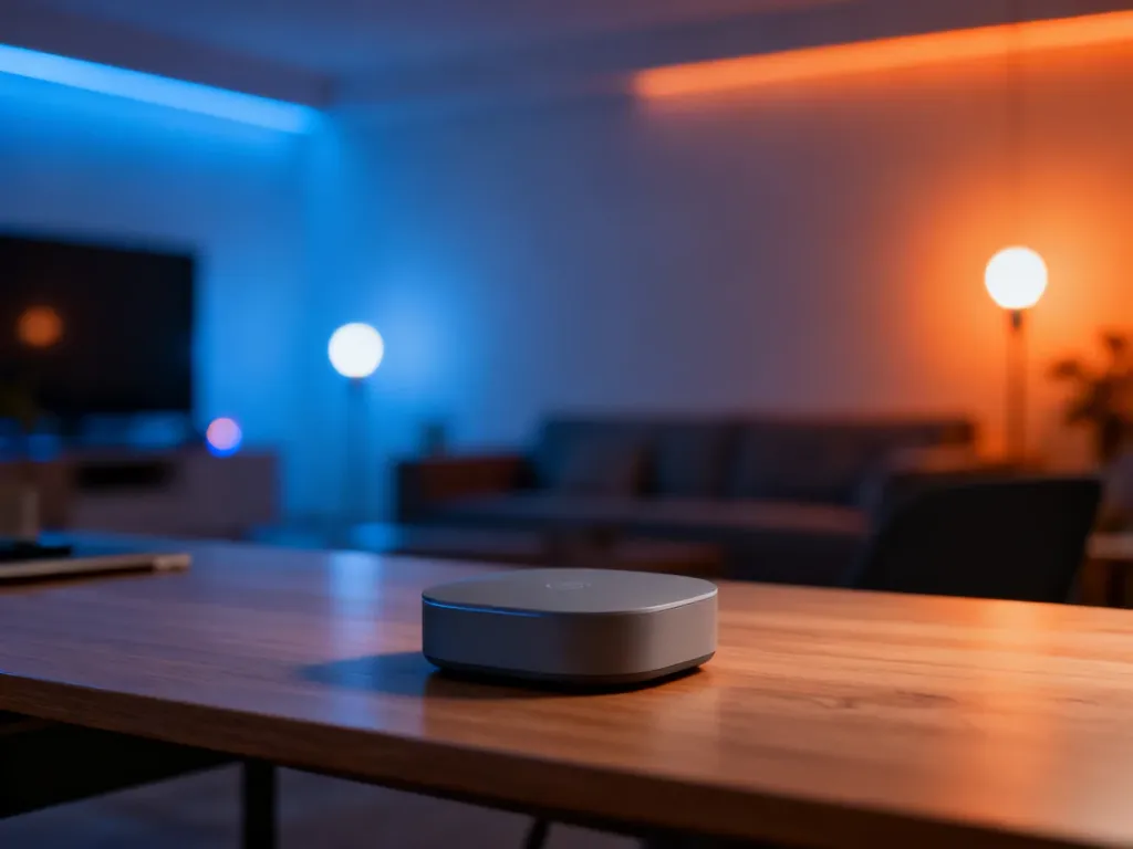 Minimalistyczna centralka smart home na drewnianym biurku w nowoczesnym, oświetlonym salonie.