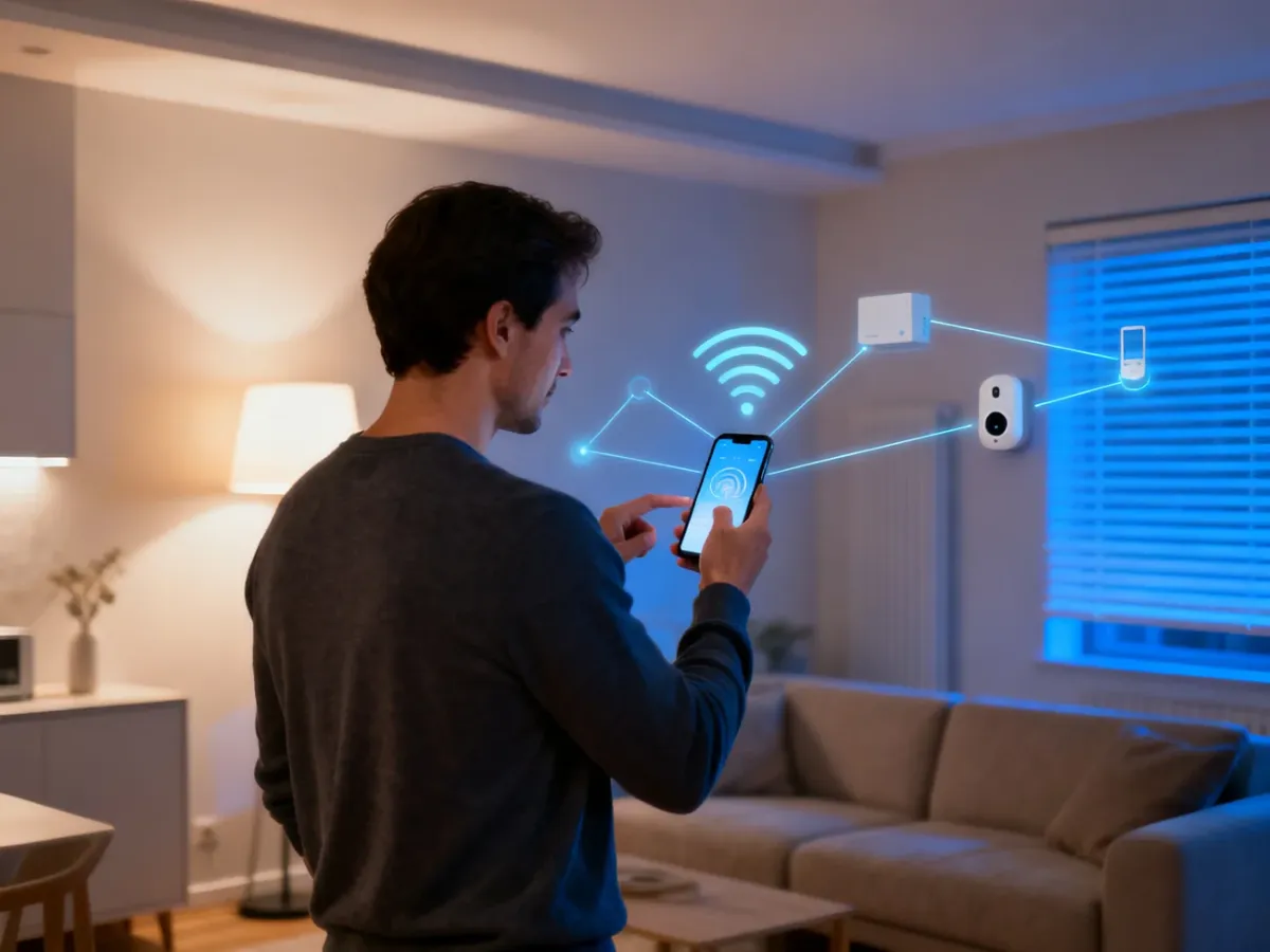 Osoba sterująca inteligentnym domem za pomocą smartfona
