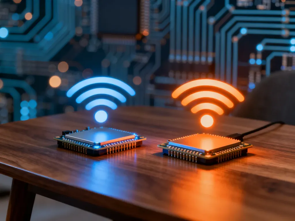 Dwa świecące układy elektroniczne na drewnianym stole, symbolizujące różnice między protokołami Zigbee i Z-Wave.