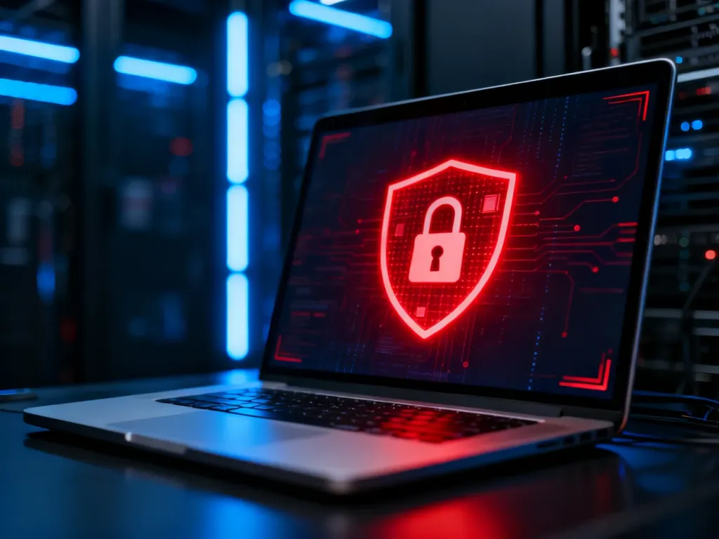 Ostrzeżenie o zagrożeniu cybernetycznym w formie świecącej czerwonej tarczy z kłódką na ekranie laptopa.