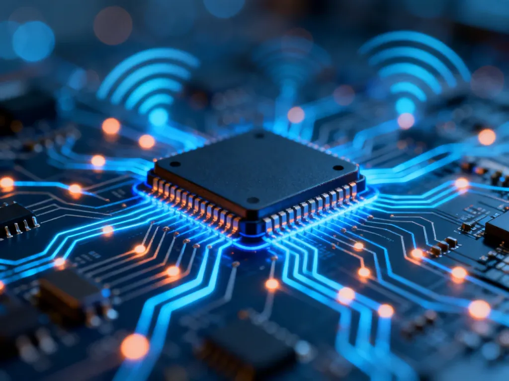 Świecący moduł mikrochipu smart home z pulsującymi ścieżkami obwodów, symbolizujący bezprzewodową łączność w sieci Zigbee.