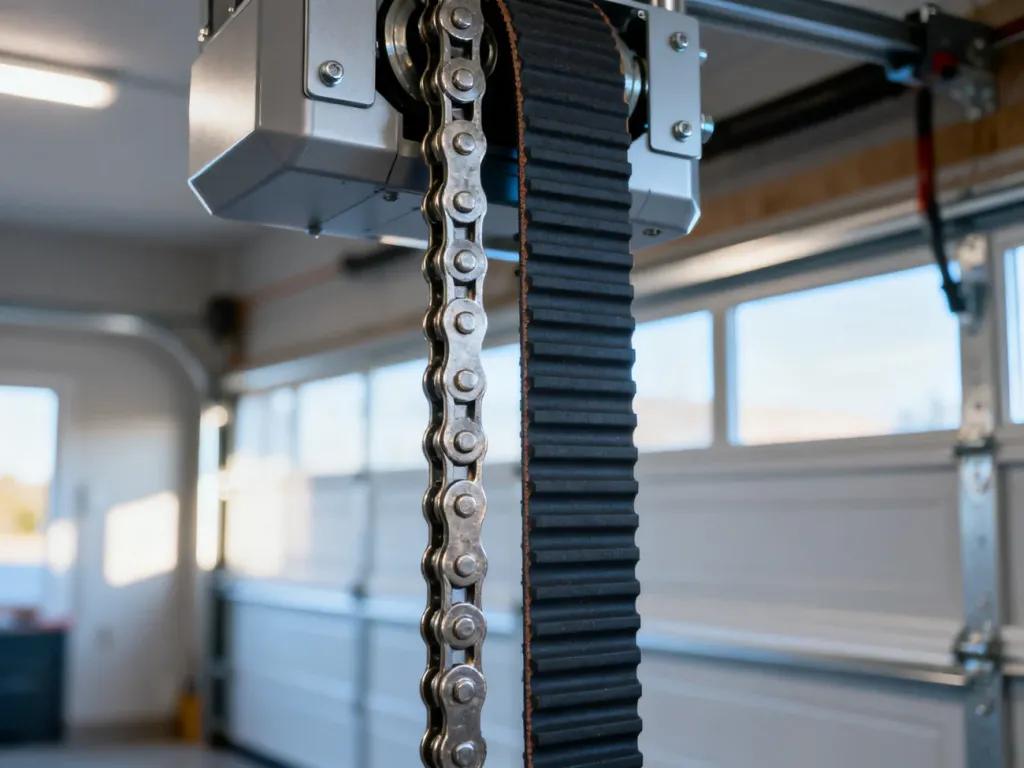 Porównanie mechanizmu napędu łańcuchowego i paskowego do bramy garażowej w zbliżeniu, ukazujące detale obu rozwiązań.