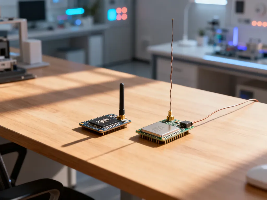 Porównanie modułów Zigbee i LoRa leżących na drewnianym biurku, obrazujące różnice w budowie anten obu technologii.