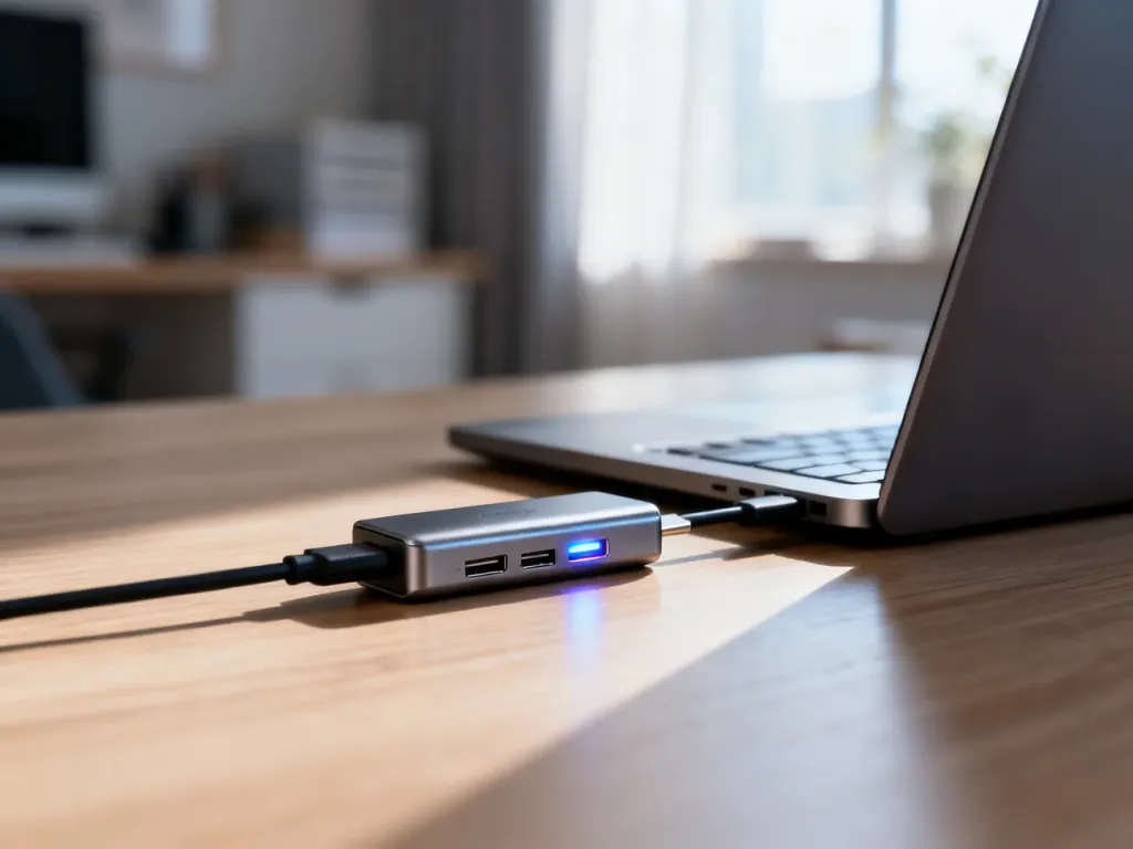 Nowoczesny hub USB-C podłączony do laptopa na drewnianym biurku, z widoczną diodą sygnalizującą aktywne połączenie.