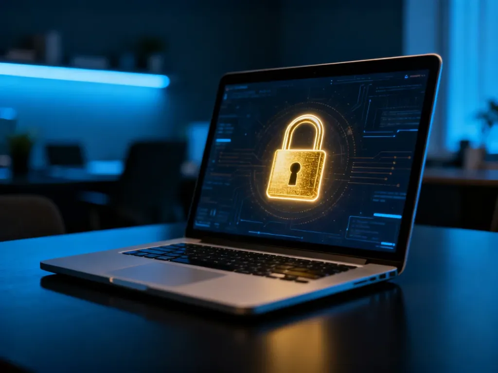 Nowoczesny laptop z ikoną złotej kłódki na ekranie, symbolizujący bezpieczne szyfrowanie danych dysku funkcją BitLocker.