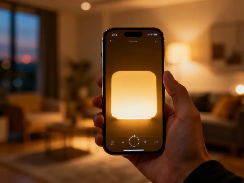Dłoń trzymająca smartfon z minimalistyczną aplikacją do sterowania oświetleniem i temperaturą w nowoczesnym salonie.