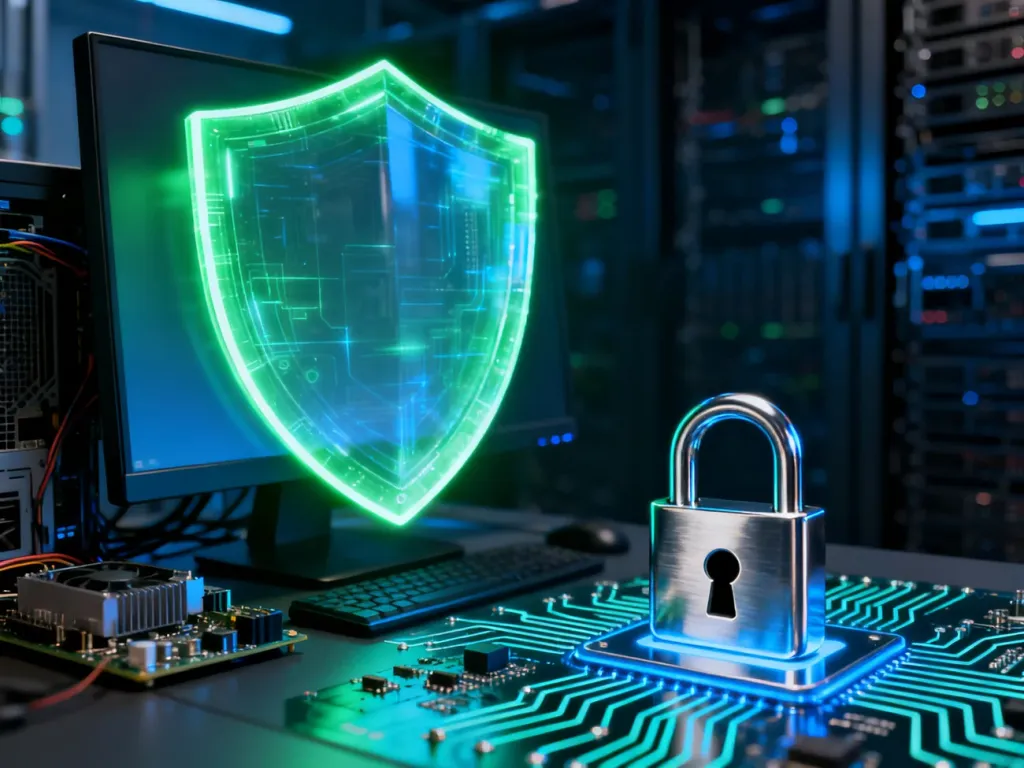 Świecąca tarcza chroniąca komputer i sprzęt, symbolizująca zaawansowane zabezpieczenia przed atakami ransomware.