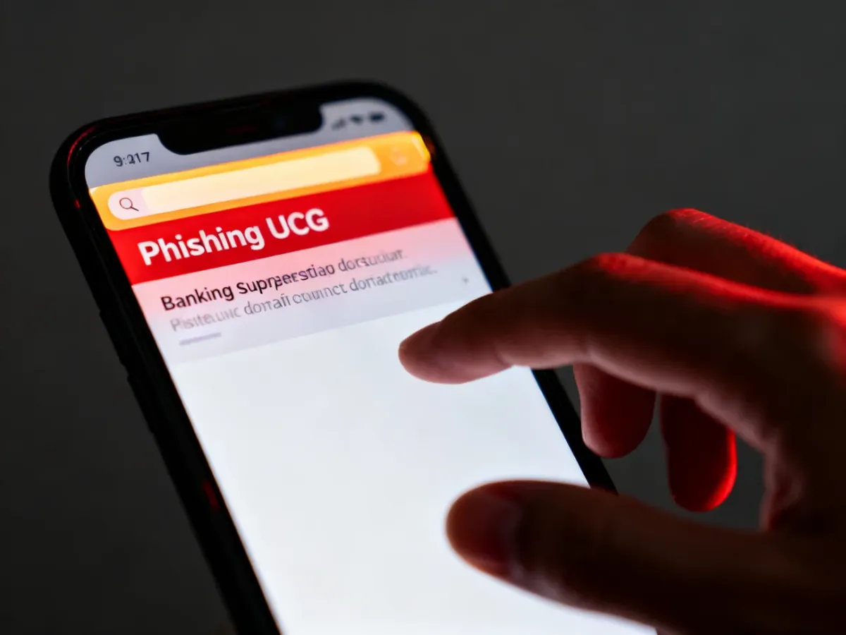 Smartfon z podejrzanym adresem strony phishingowej i ostrożną dłonią nad ekranem