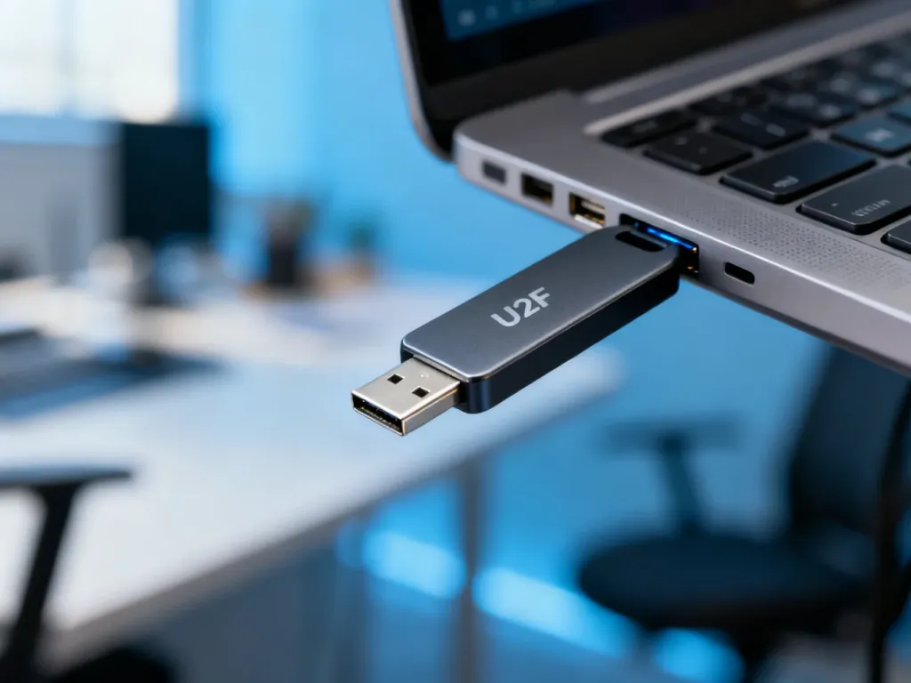 Klucz bezpieczeństwa U2F wpięty do portu USB laptopa, symbolizujący nowoczesną ochronę danych i dwuetapową weryfikację.
