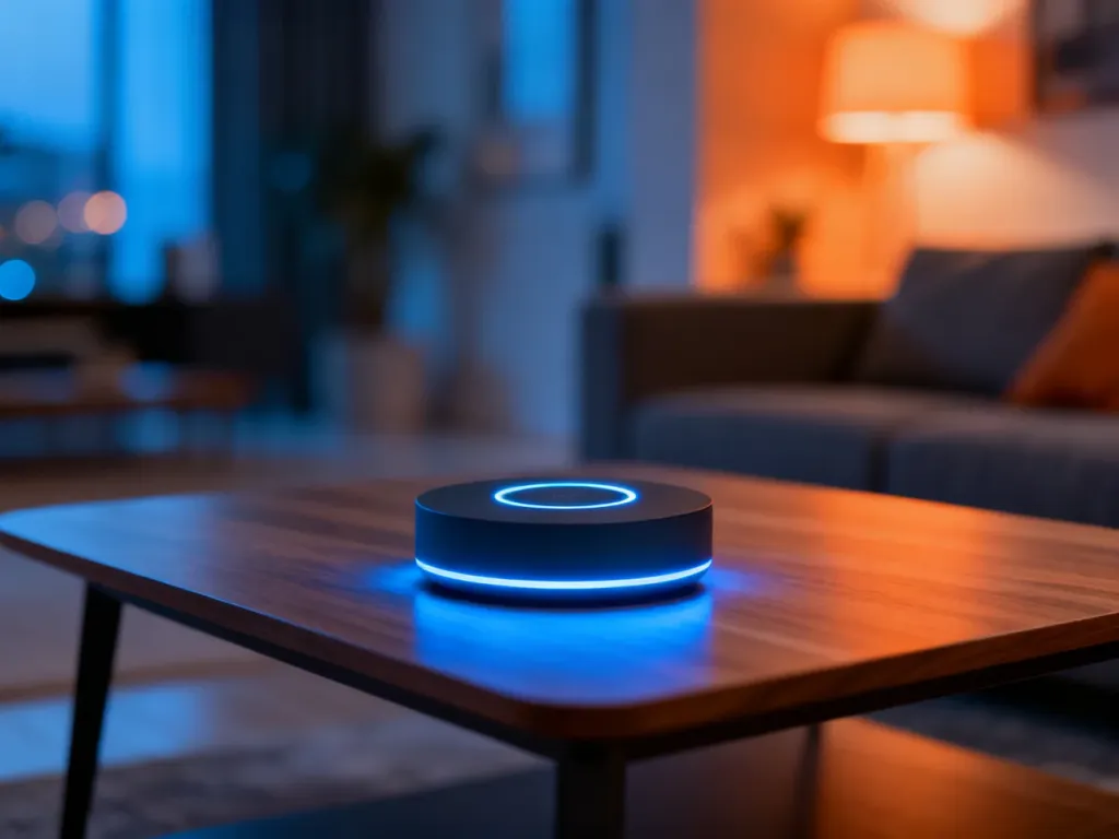 Nowoczesny hub smart home z podświetlanym pierścieniem LED, umieszczony na minimalistycznym drewnianym stole w salonie.