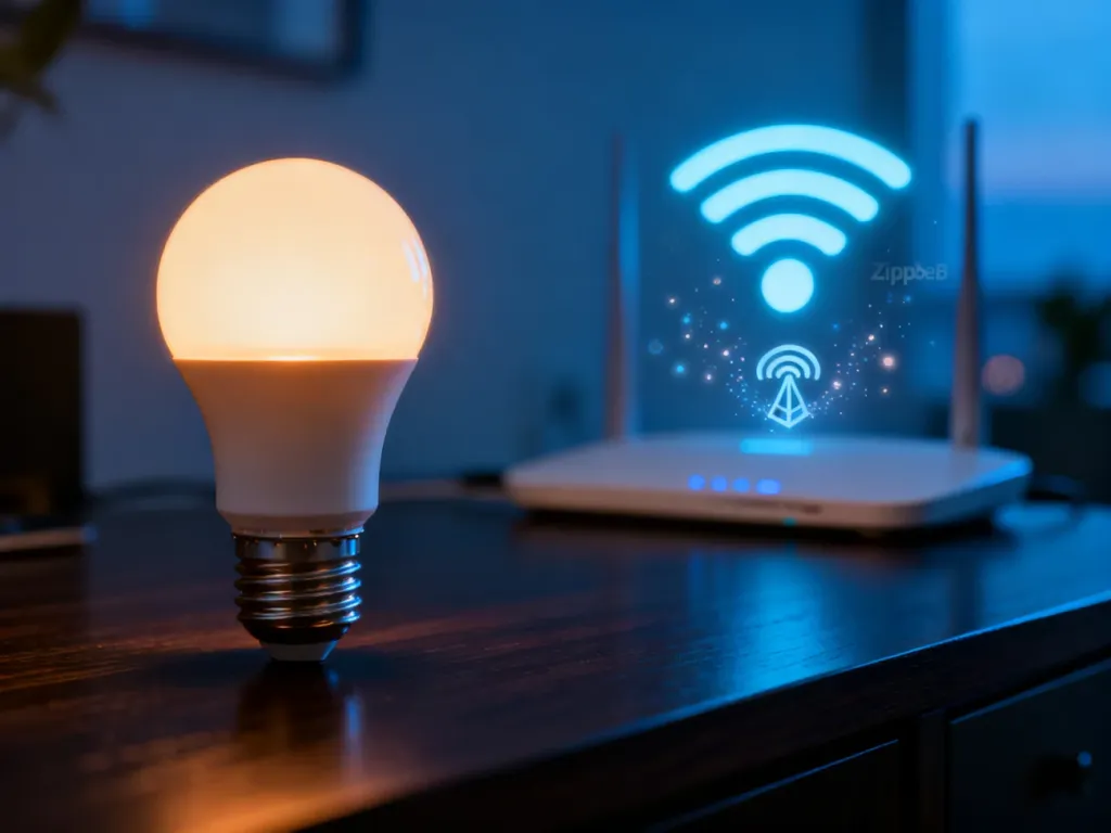Nowoczesna żarówka smart emitująca ciepłe światło na tle symboli sieci Wi-Fi i Zigbee, ilustrująca wybór standardu łączności.