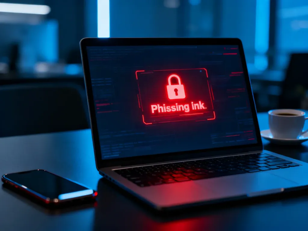 Ekran laptopa z ostrzeżeniem o podejrzanym linku phishingowym, symbolizujący zagrożenie cybernetyczne w bankowości online.