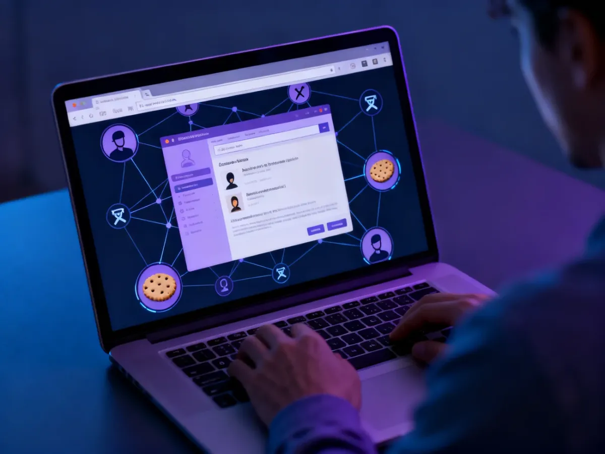 Laptop user surrounded by visual symbols of online tracking and data profiling