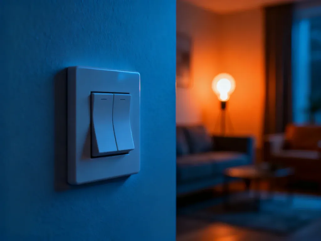 Nowoczesny włącznik światła na pierwszym planie i ciepło świecąca żarówka w tle, ilustrujące wybór oświetlenia smart home.