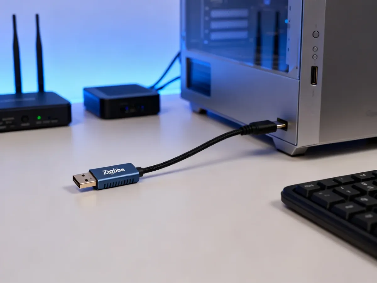 Koordynator Zigbee podłączony do serwera przez przedłużacz USB