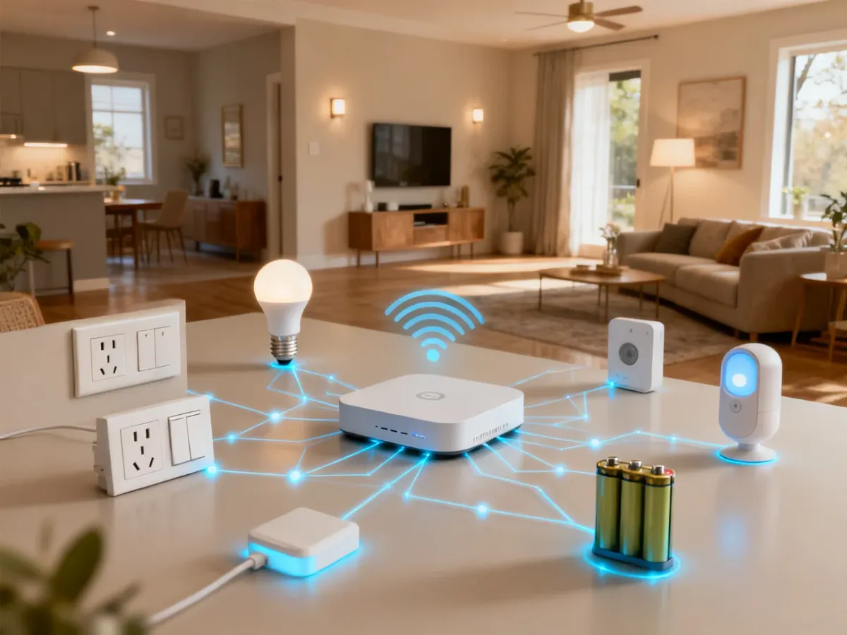 Wizualizacja domowej sieci mesh Zigbee z centralną bramką i urządzeniami rozmieszczonymi w kilku pomieszczeniach