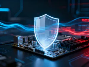 Nowoczesny laptop z ikoną złotej kłódki na ekranie, symbolizujący bezpieczne szyfrowanie danych dysku funkcją BitLocker.