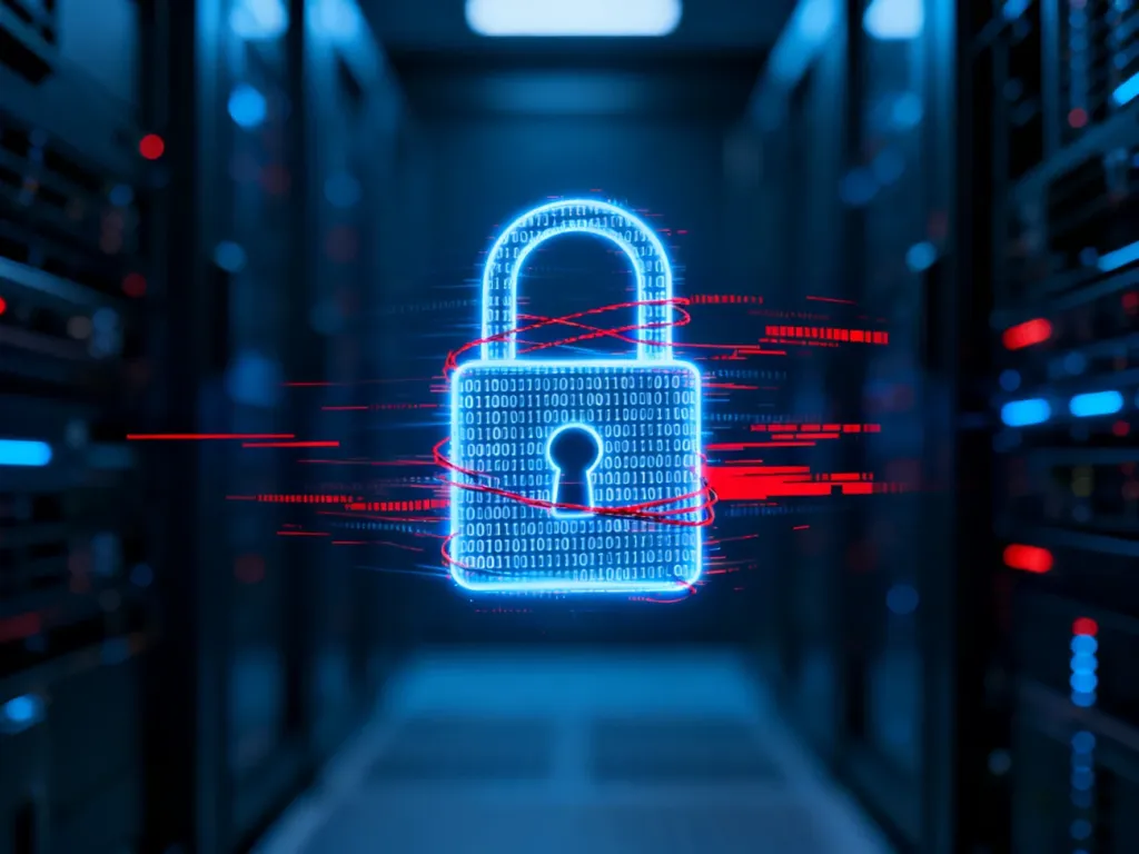 Świecąca cyfrowa kłódka otoczona kodem binarnym i ostrzegawczymi efektami glitch, symbolizująca zagrożenie atakiem ransomware.
