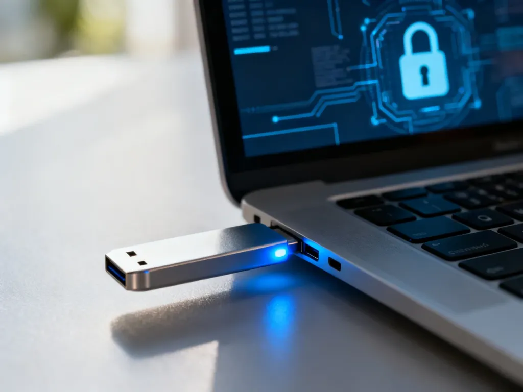 Nowoczesny pendrive wpięty do laptopa z ikoną kłódki na ekranie, symbolizującą szyfrowanie danych i bezpieczeństwo plików.