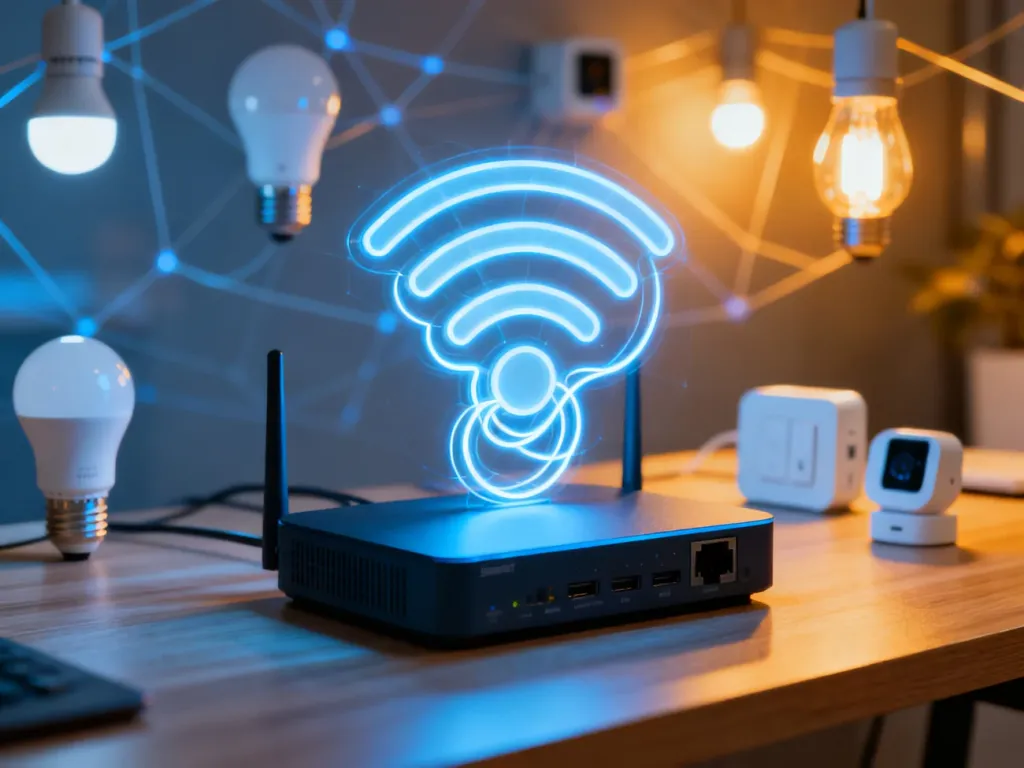 Symbol sieci bezprzewodowej i bramka smart home na biurku, obrazujące wybór między technologią WiFi a Zigbee.