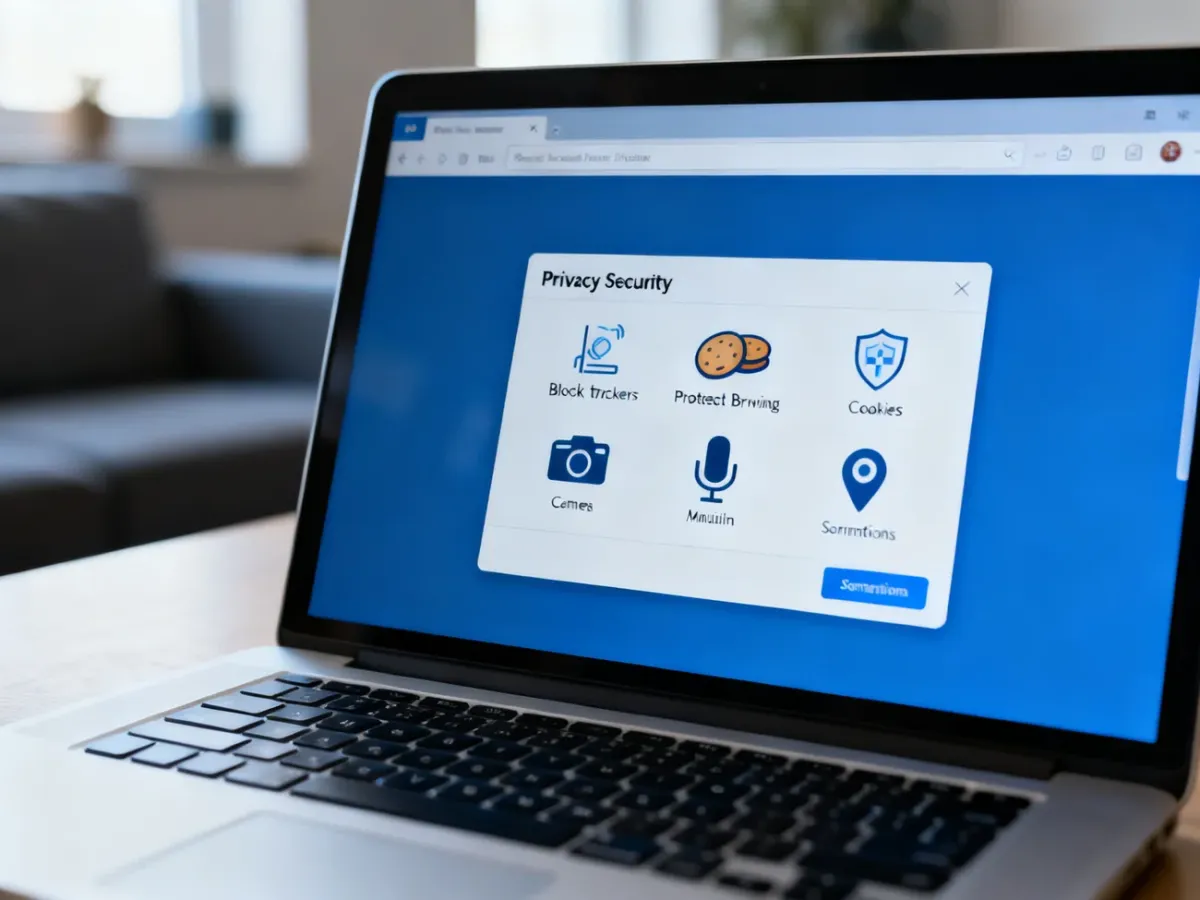 Laptop z ustawieniami prywatności i bezpieczeństwa przeglądarki