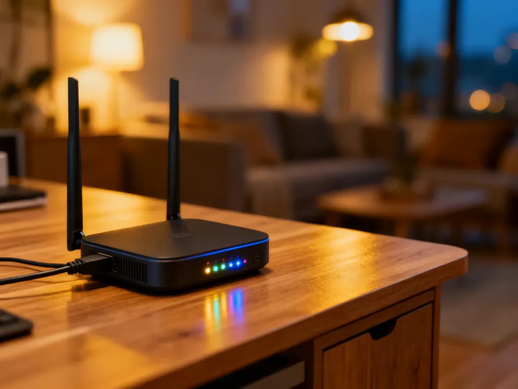 Bramka Zigbee podłączona do routera na drewnianym biurku, gotowa do konfiguracji w systemie Home Assistant.