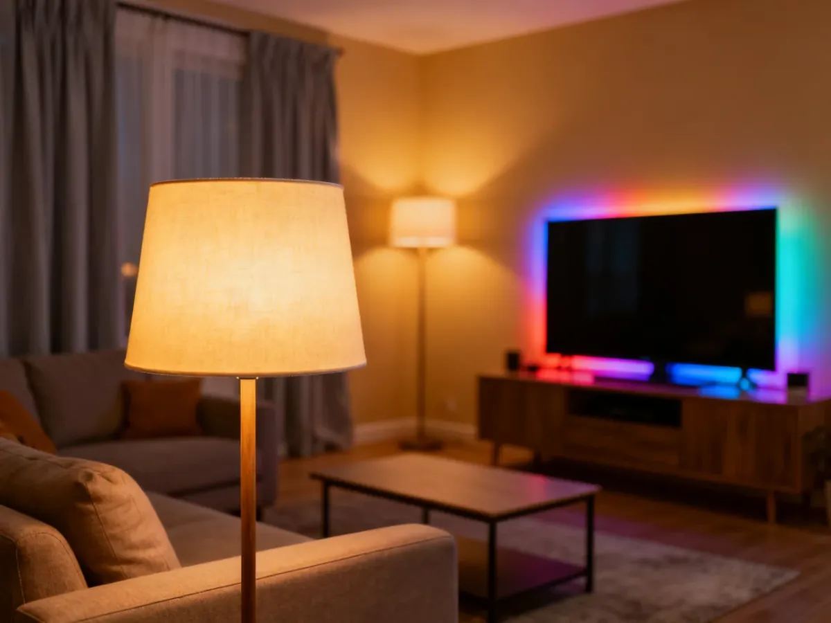 Salon z przyciemnioną lampą i kolorowym podświetleniem LED