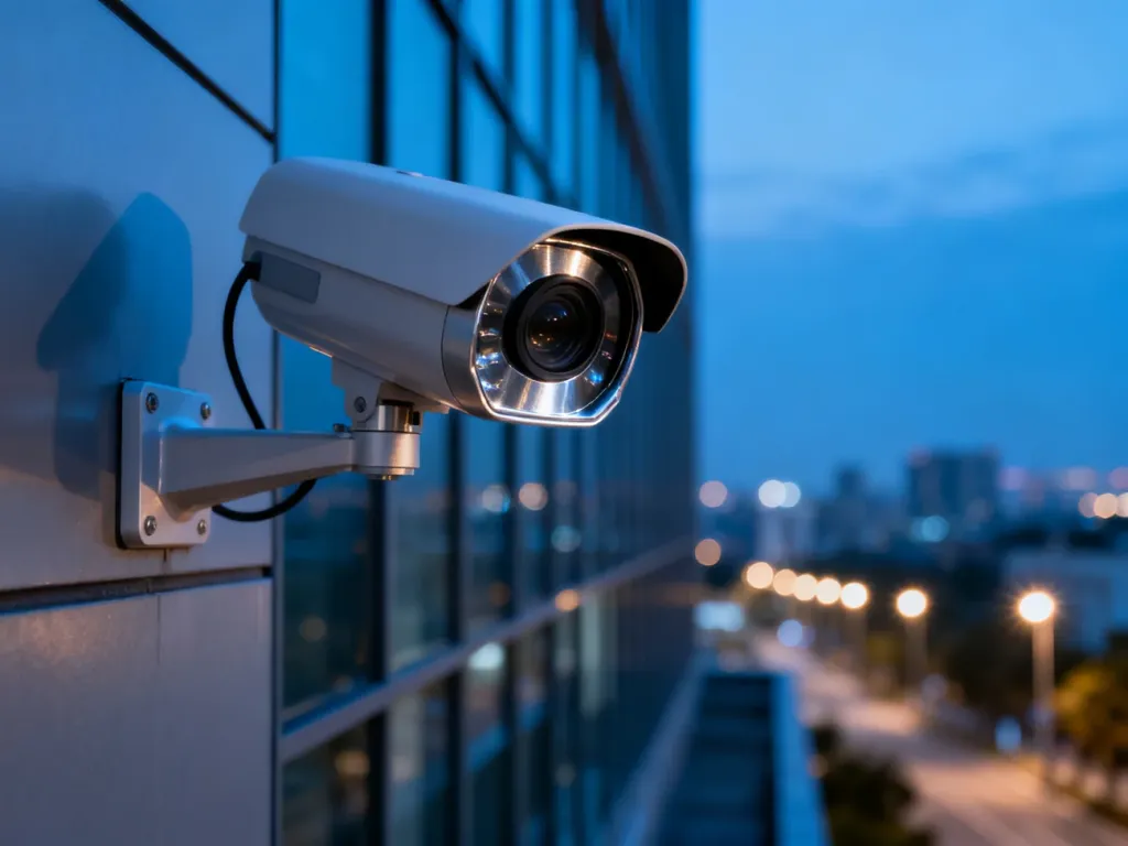 Nowoczesna kamera monitoringu IP zamontowana na elewacji biurowca w otoczeniu miejskiego krajobrazu o zmierzchu.