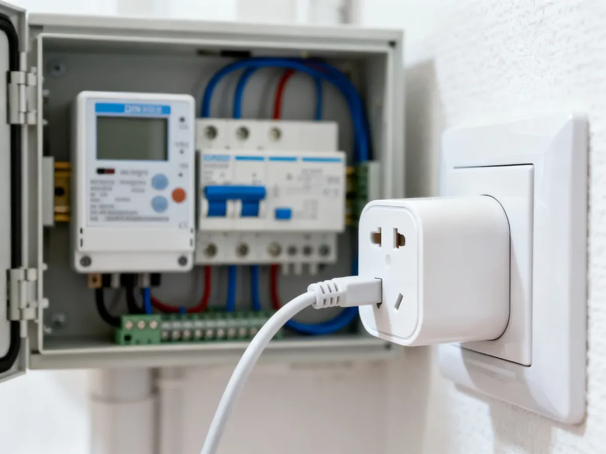 Inteligentne gniazdko i licznik energii na szynie DIN w domowej instalacji