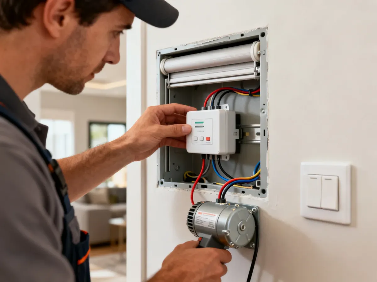 Electrician installing a roller shutter controller in a wall electrical box