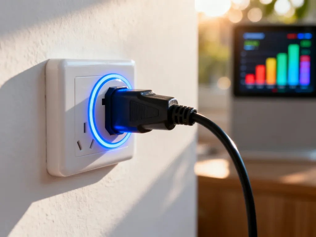 Nowoczesne inteligentne gniazdko wpięte do ściany z podświetlanym wskaźnikiem monitorowania zużycia energii.