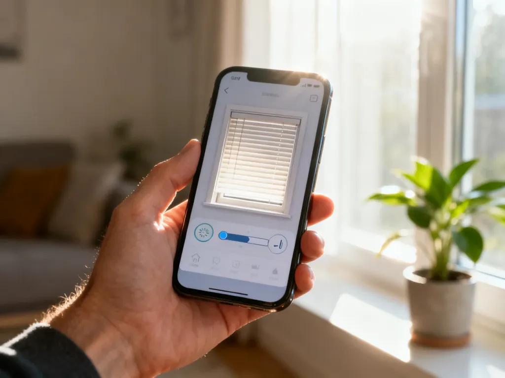 Dłoń trzymająca smartfon z otwartą aplikacją do sterowania inteligentnymi roletami w przytulnym salonie.