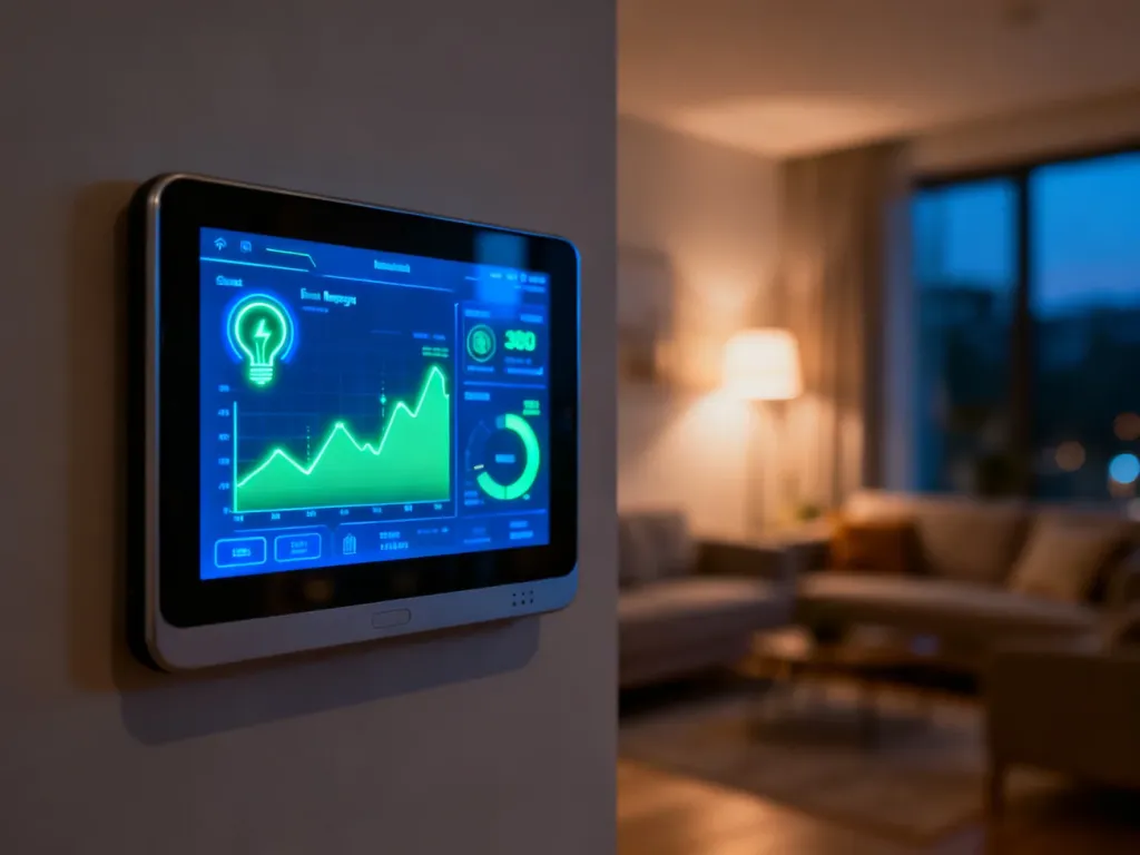 Interfejs systemu inteligentnego zarządzania energią z wykresami zużycia prądu na tablecie w nowoczesnym salonie.