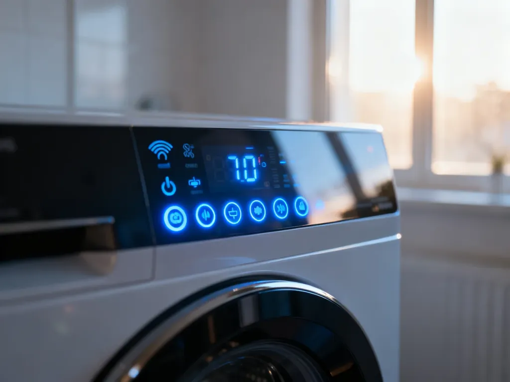 Nowoczesny panel sterowania smart pralki z podświetlanymi ikonami LED i dotykowym interfejsem w minimalistycznej pralni.
