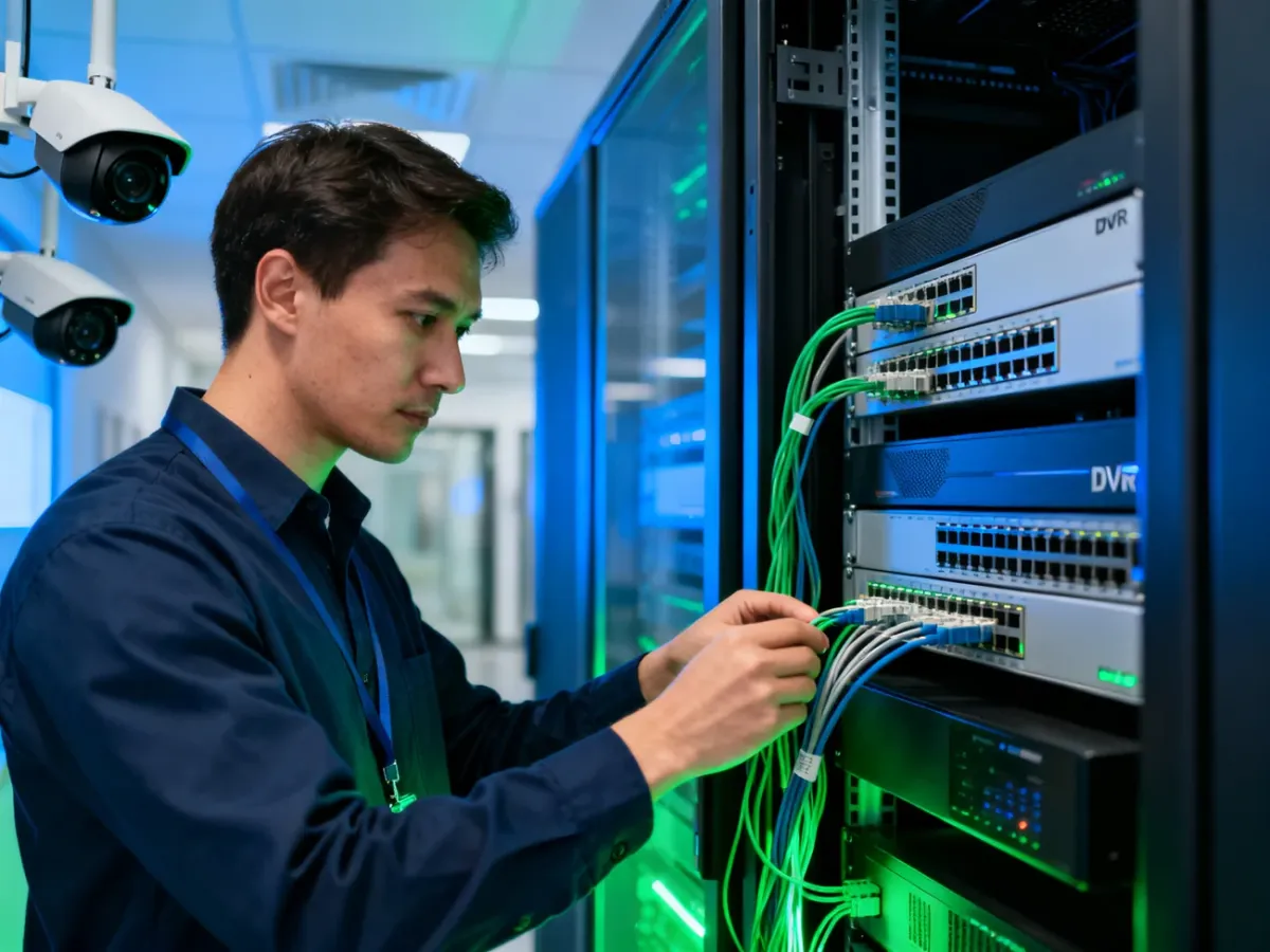 Technik rozbudowujący sieć monitoringu IP z przełącznikami i rejestratorem