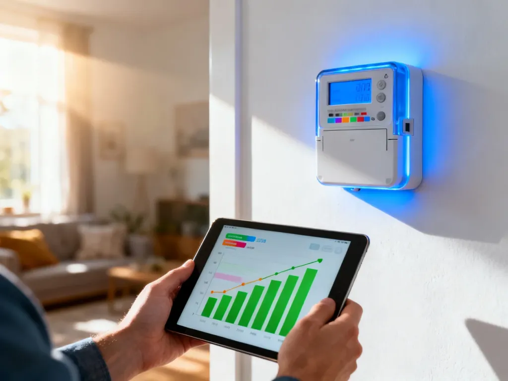 Nowoczesny licznik energii i tablet z wykresami zużycia prądu, obrazujące sposoby na oszczędzanie energii w domu.