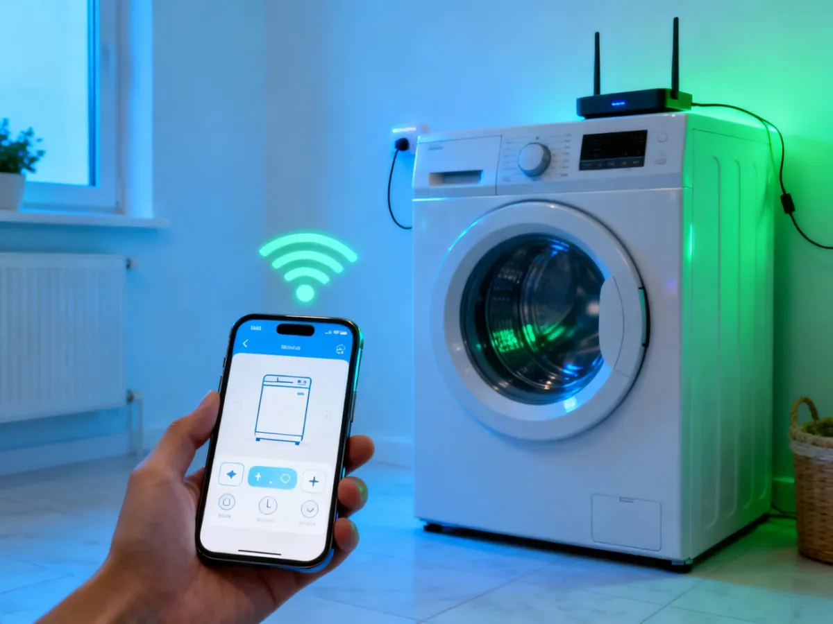 Smart washing machine paired with a smartphone over a home Wi-Fi network