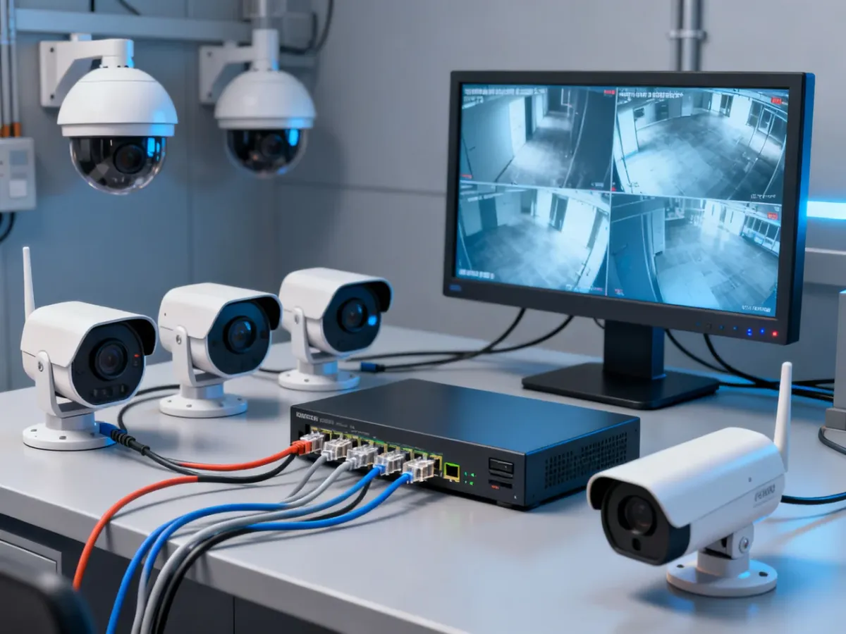 System monitoringu IP z kamerami, switchem PoE, rejestratorem NVR i monitorem