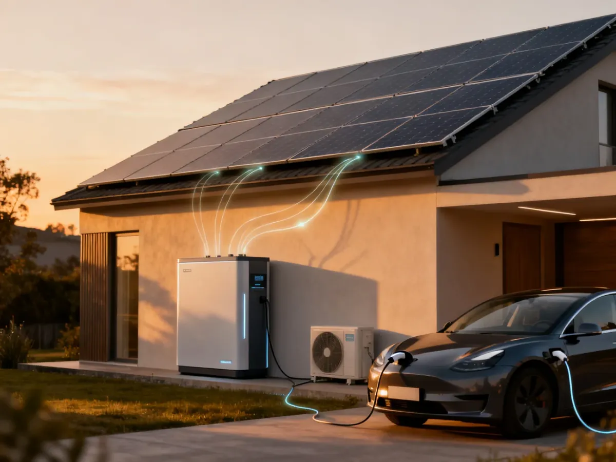 Dom z fotowoltaiką, magazynem energii, pompą ciepła i ładowarką samochodu elektrycznego